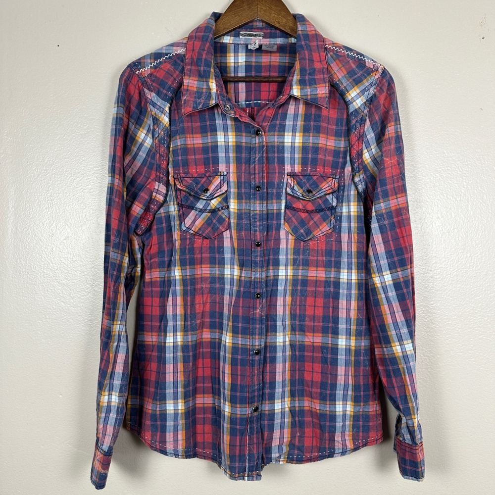 BKE Women XL Button Down Shirt Red‎ Blue Plaid Eased Contrast Stitch BKEDN1707